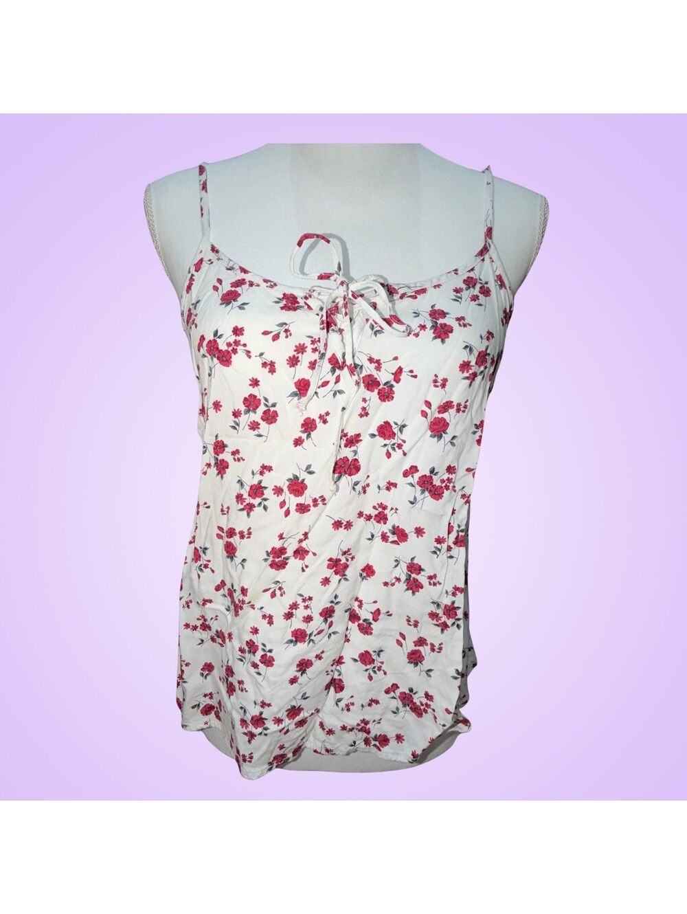 Hollister Floral Tie Front Cami Tank Top Size Medium | White Red Cottagecore